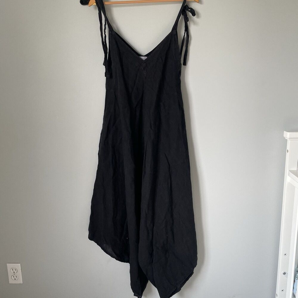 100% Linen Boho Jumpsuit Sleeveless Wide Leg Made In Italy Black Size M/L